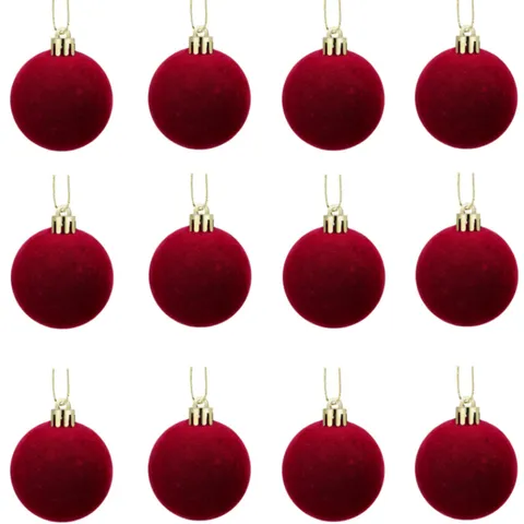Bolas de Adornos Navideños Flocadas Rojo Terciopelo Decoraciones Colgantes para Árbol de Navidad para Hogar Centro Comercial Bola de Plástico