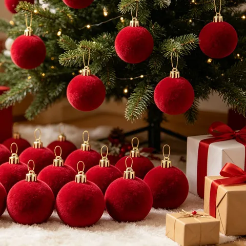 Bolas de Adornos Navideños Flocadas Rojo Terciopelo Decoraciones Colgantes para Árbol de Navidad para Hogar Centro Comercial Bola de Plástico
