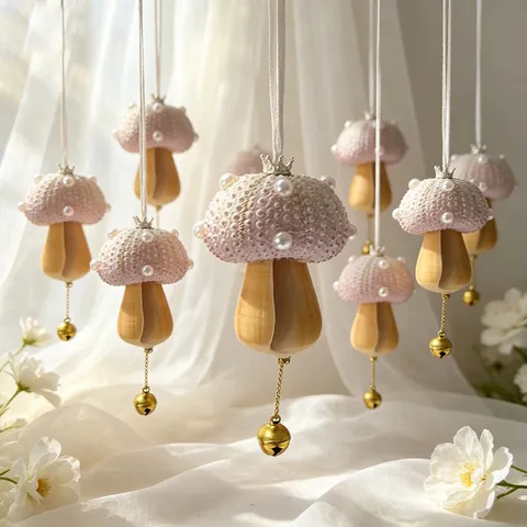 Creative Sea Urchin Shell Mushroom Hanging Ornament With Artificial Pearl Crown Bell Natural Shell Christmas Tree Decoration