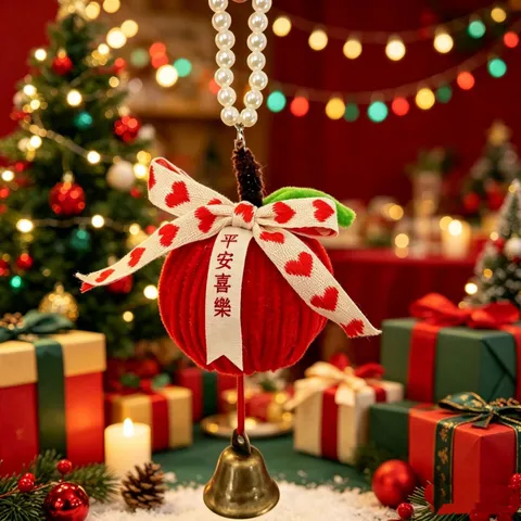 Christmas Apple Hanging Ornament Red Corduroy DIY Handmade Plush Apple With Heart Ribbon Pearl Chain Metal Bell Holiday Decor