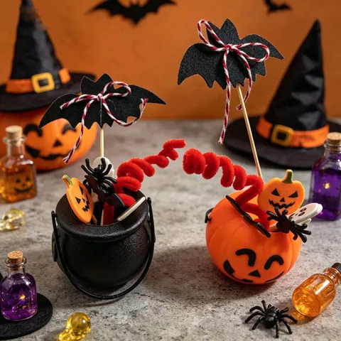 Halloween Cake Decoration Set Plastic Witch Cauldron Pumpkin Bucket Bat Spider Fruit Picks Halloween Party Supplies Dessert Table Decor