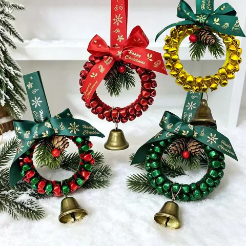 Handmade Christmas Bell Wreath Hanging Ornament With Satin Ribbon Bow Natural Pinecone Berry Iron Jingle Bells For Xmas Tree Wall Indoor Door Decor
