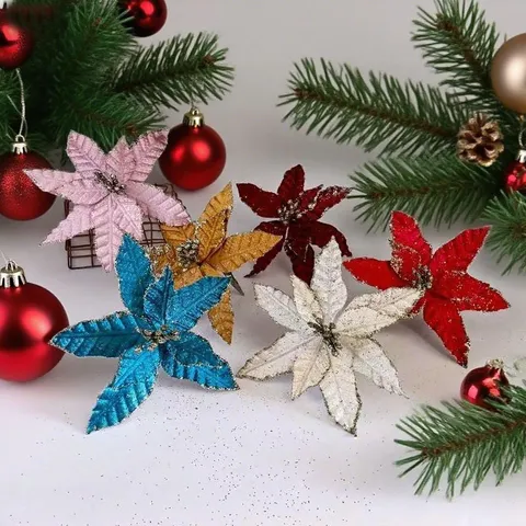 Artificial Christmas Glitter Poinsettia Flowers With Clips Polyester Simulation Flowers For Christmas Tree Ornaments Party Home Decor