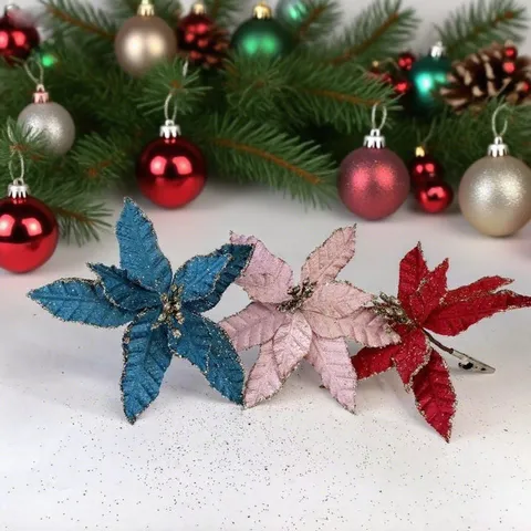 Artificial Christmas Glitter Poinsettia Flowers With Clips Polyester Simulation Flowers For Christmas Tree Ornaments Party Home Decor