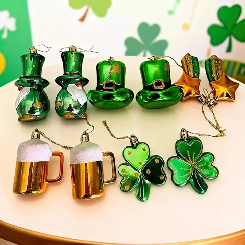St Patrick's Day Shamrock Hat Gnome Plastic Hanging Ornament Set Irish Festival Green Gold Luck Pendants For Party Decor