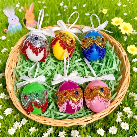 Bohemian Easter Hanging Eggs Plastic Sequined Decorative Eggs With Tassel Ribbon Bow For Home Party Decor DIY Basket Fillers