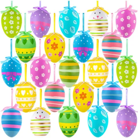 Œufs de Pâques Décoratifs Peints Œufs de Pâques Suspendus en Plastique Avec Rubans Motifs Colorés Pour Décoration de Fête et Maison