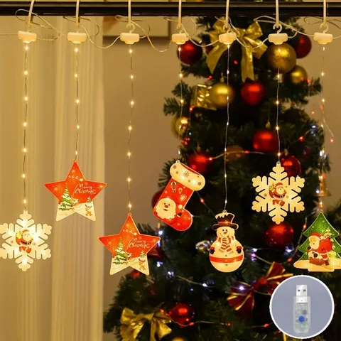 Christmas Decoration LED String Lights Hanging Ornaments Printed Star Snowflake Snowman Reindeer Pattern Festive Fairy Lights Home Decor