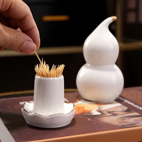 Porte-cure-dents en Céramique en Forme de Calebasse Bordure Dorée Pot de Rangement en Porcelaine Ornements Décoratifs pour Mariage Maison Fête