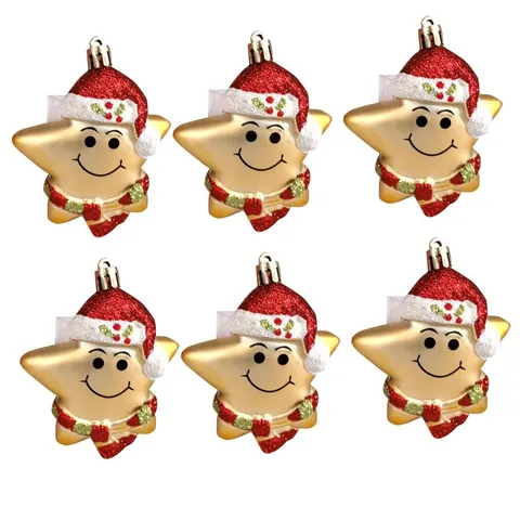 Natale Dipinto Viso Sorridente Stella Ornamenti Appesi Con Cappello Rosso Pentagramma Oro Accessorio Albero Festivo Decorazione Festa