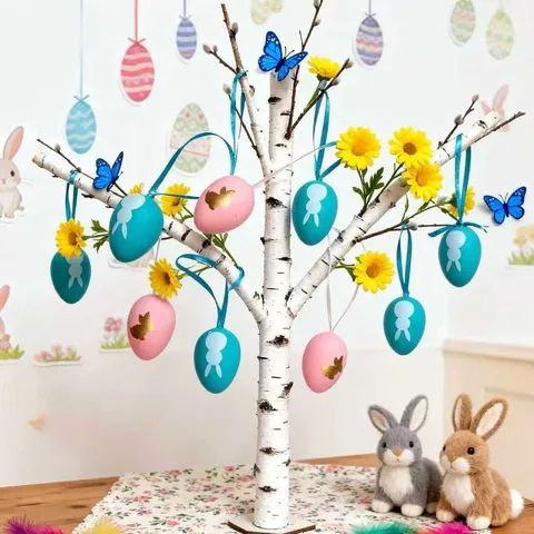 Huevos Pintados de Pascua de Plástico Con Patrón de Conejo y Cuerda para Colgar para Decoración de Fiesta Hogar Colores Azul Rosa