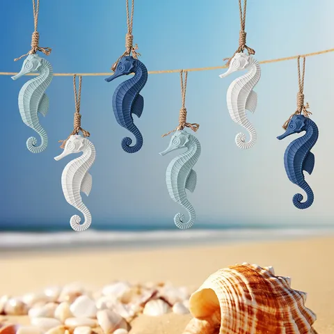 Large Wooden Seahorse Hanging Ornament Mediterranean Style Marine Wall Art Decor Seahorse Craft Navy White Light Blue Room Decor