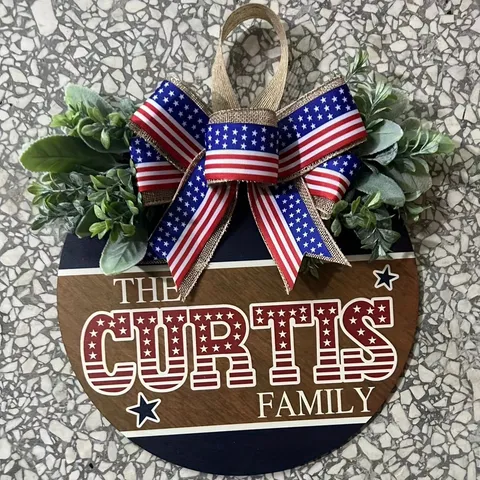 American Independence Day Wooden Door Sign July 4th Welcome Round Hanging Plaque With Bow Artificial Greenery Patriotic Home Decor