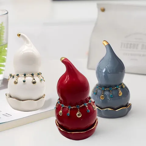 Élégant Porte-cure-dents en Céramique Forme de Gourde Avec Bord Doré Pendentif Coquillage Pot de Rangement Créatif Mariage