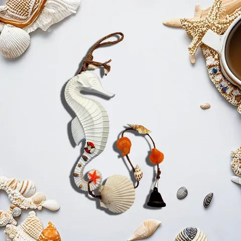 Mediterranean Seahorse Wind Chime Hanging Ornament Wood Nautical Wall Decor With Shells Starfish Bell For Home Garden Restaurant Party Outdoor Decoration