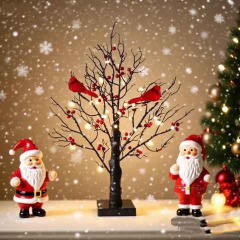 Árbol de Navidad Iluminado por LED Decoración de Mesa Con Pájaros Cardenales y Bayas Rojas Adorno de Escritorio con Brillo Blanco Cálido