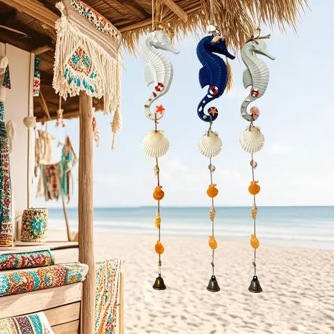 Mediterranean Seahorse Wind Chime Hanging Ornament Wood Nautical Wall Decor With Shells Starfish Bell For Home Garden Restaurant Party Outdoor Decoration