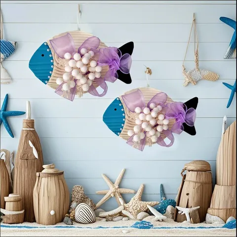 Mediterranean Nautical Fish Hanging Decorations Resin Wall Art Ornament With Mesh Bow And Floral Accents For Beach House Party Home Decor