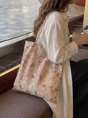 Women Geometric Sequin Embroidery Shoulder Bag Fashionable Large Capacity Underarm Bag For University Student Daily Casual Tote