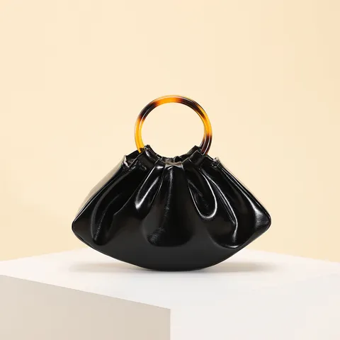 Damen Retro Falten Handtasche PU Leder Bootsform Tote Bag Mit Acryl Ringgriff Vintage Öl Textur Alltagstasche