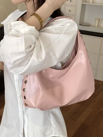 Women Glossy PU Shoulder Bag Rivet Underarm Bag Punk Style Hobo Handbag Streetwear Dumpling Satchel Crossbody Purse For Ladies