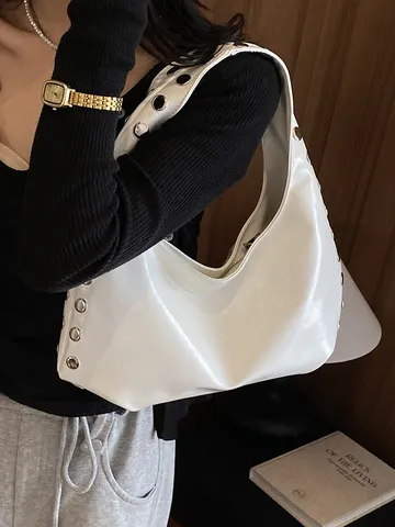Women Glossy PU Shoulder Bag Rivet Underarm Bag Punk Style Hobo Handbag Streetwear Dumpling Satchel Crossbody Purse For Ladies