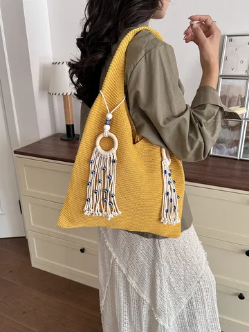 Boho Strick Schultertasche Mit Quaste Holzring Böser Blick Für Damen Sommer Strand Urlaub Einfarbig Häkeln Tote Bag