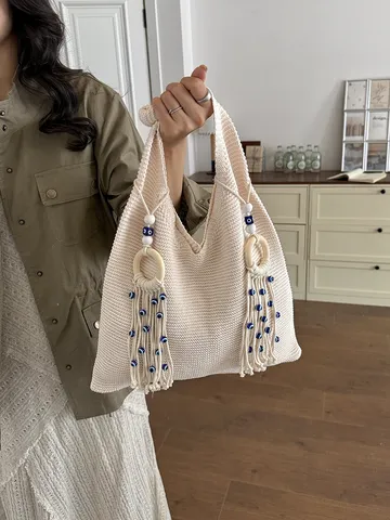 Boho Strick Schultertasche Mit Quaste Holzring Böser Blick Für Damen Sommer Strand Urlaub Einfarbig Häkeln Tote Bag