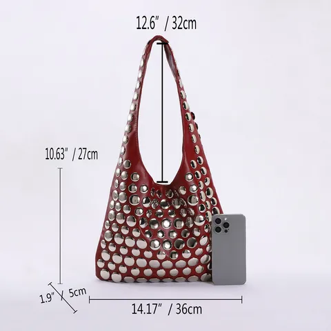 Sac à Épaule Punk à Grands Rivets pour Femmes Cuir PU Cyber Sac Sous le Bras Mode Européenne Y2K Sac à Main Noir Bordeaux