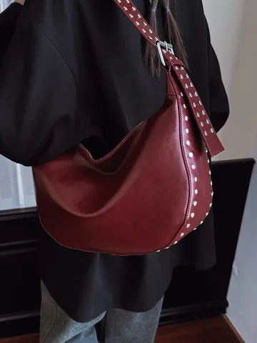 Women Slouchy Hobo Bag Large Capacity Rivet Shoulder Bag Suede PU Leather Motorcycle Dumpling Bag Street Casual Messenger Bag