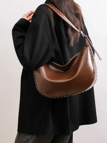 Women Slouchy Hobo Bag Large Capacity Rivet Shoulder Bag Suede PU Leather Motorcycle Dumpling Bag Street Casual Messenger Bag