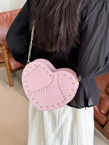 Damen Herzförmige Umhängetasche Luxus PU Leder Nieten Geflochtenes Design Mode Kette Schultertasche Elegante Handtasche Geschenk