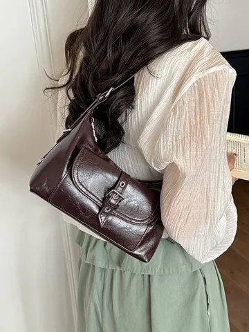 Vintage Oil Waxed PU Leather Underarm Bag For Women Stylish Buckle Pocket Design Korean Shoulder Bag For Fashion Commuting
