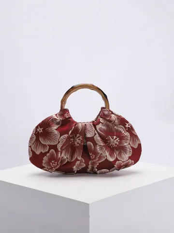 Chinese Style Pleated Handbag With Bamboo Handle Retro Floral Jacquard Satin Cloth Bag For Women Hanfu Cheongsam Accessory