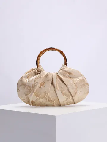 Chinese Style Pleated Handbag With Bamboo Handle Retro Floral Jacquard Satin Cloth Bag For Women Hanfu Cheongsam Accessory