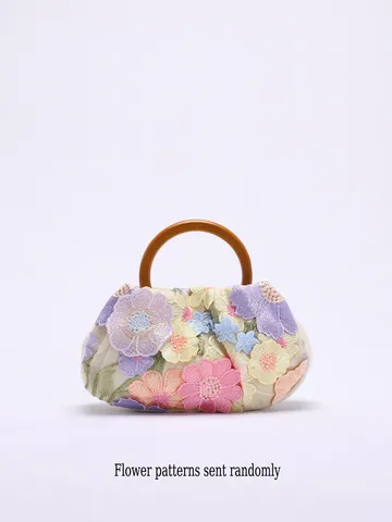 Elegant Linen Resort Style Handbag Sequin Embroidered Floral Pattern Evening Bag Artificial Pearl Wooden Handle Tote For Women