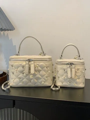 Women Quilted PU Box Bag With Rhinestone Artificial Pearl Decor Fashion Chain Shoulder Bag Mini Handle Vanity Case