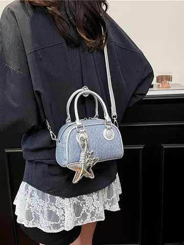Women Denim Patchwork Bowling Handbag Fashion Y2K Colorblock Crossbody Bag With Star Pendant Trendy Shoulder Bag For Daily Wear