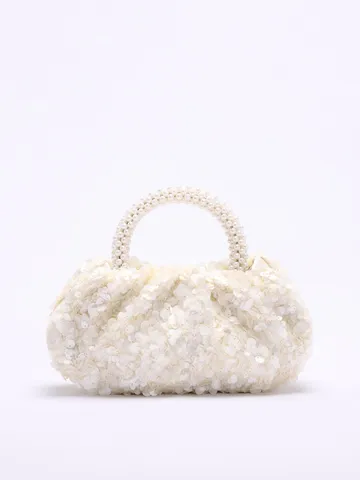 Elegant Linen Resort Style Handbag Sequin Embroidered Floral Pattern Evening Bag Artificial Pearl Wooden Handle Tote For Women