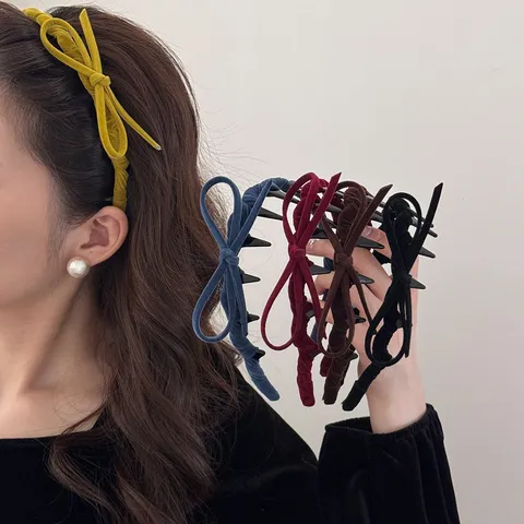 Korean Style Flocked Bow Headband For Women Retro Wavy Anti-Slip High Cranial Top Velvet Hairband Elegant Hair Accessories
