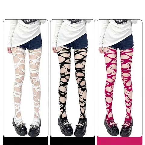 Women Gothic Punk Irregular Hollow Out Distressed Stockings Sexy Breathable Nylon Elastic Hollowed Party Pantyhose Hot Pink