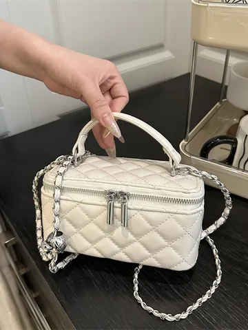 Borsa Vanity Case Da Donna In Pelle PU Lucida Trapuntata Classica Borsa A Tracolla Con Catena A Rombi Borsa A Mano A Bauletto Con Doppia Cerniera Moda Quotidiana