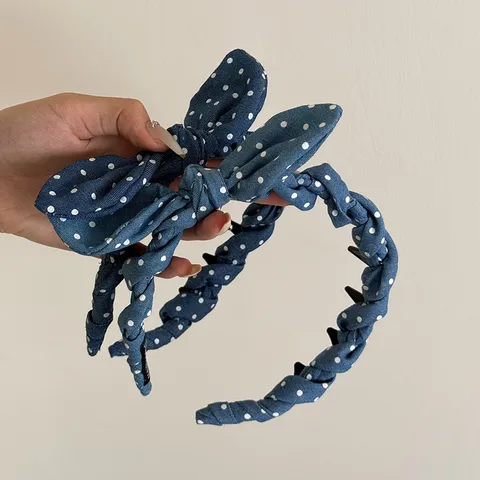 Vintage French Polka Dot Bow Headband For Women Korean Style Anti-Slip Teeth Hair Band Blue Bunny Ears Head Hoop Retro Sweet Hair Accessories