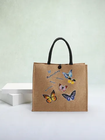 Women Linen Tote Bag Butterfly Printed Eco Friendly Large Capacity Shopping Bag Casual Handbag For Daily Use Travel Portable Purse