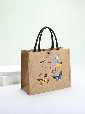 Women Linen Tote Bag Butterfly Printed Eco Friendly Large Capacity Shopping Bag Casual Handbag For Daily Use Travel Portable Purse