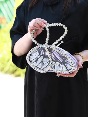 Damen Luxus Schmetterlingsform Abendtasche Strass Eingelegt PU Leder Elegant Lila Bedruckt Handtasche Hochzeit Party Clutch