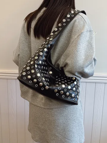 Women Fashion PU Leather Rivet Shoulder Bag Punk Style Metal Eyelet Hollow Out Hobo Bucket Tote Bag Large Capacity Handbag