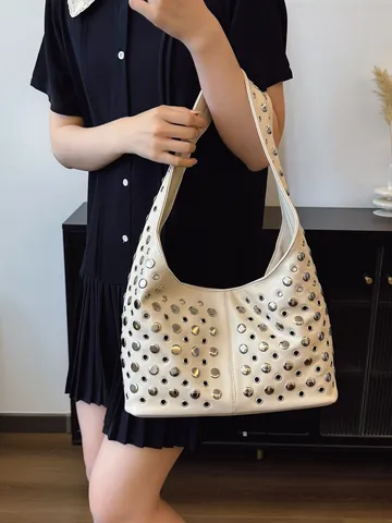 Women Fashion PU Leather Rivet Shoulder Bag Punk Style Metal Eyelet Hollow Out Hobo Bucket Tote Bag Large Capacity Handbag