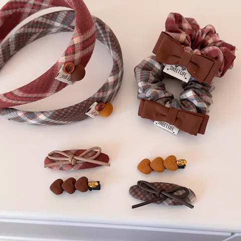 Retro Plaid Bow Scrunchie Sweet Heart Hair Clips Vintage Headband For Women Preppy Style Autumn Winter Hair Accessories Gift