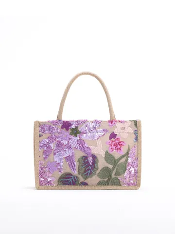 Women Sequin Flower Embroidered Jute Tote Bag Ethnic Fashion Large Capacity Woven Burlap Handbag Vacation Daily Shoulder Bag
